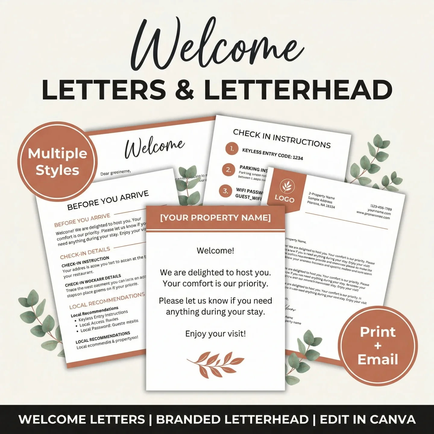 A host drafts an Airbnb pre-booking message beside a welcome letter template