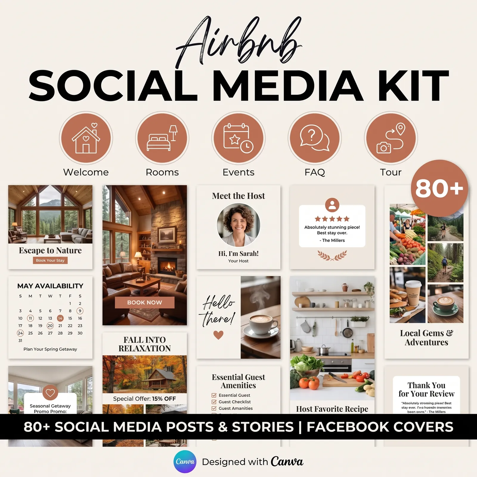 Airbnb social media templates for hosts: Book Now, Guest Review Spotlight, Local Attraction and Special Offer posts