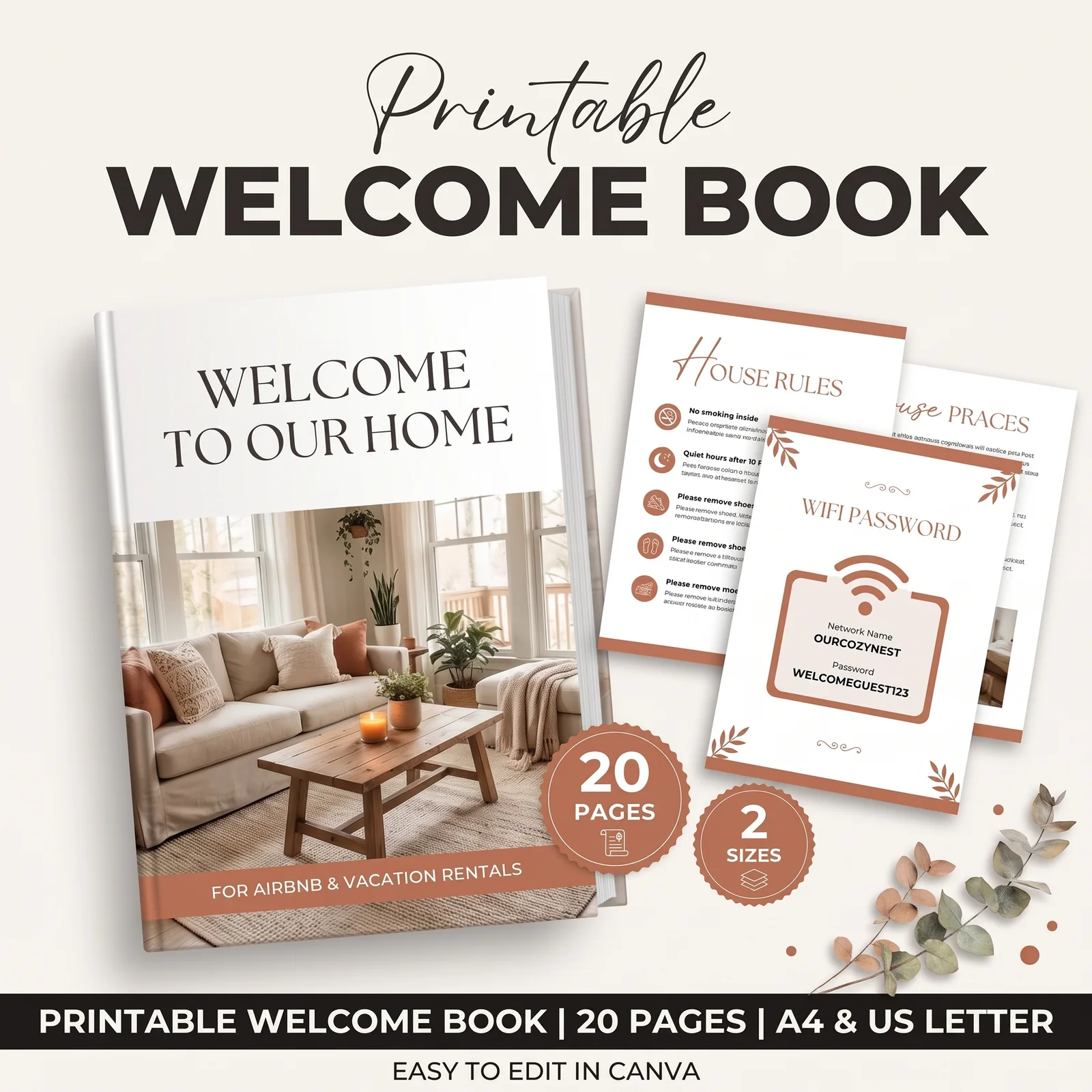 Printable welcome book for Airbnb: a 20-page layout with house rules and a WiFi password page, A4 and US Letter