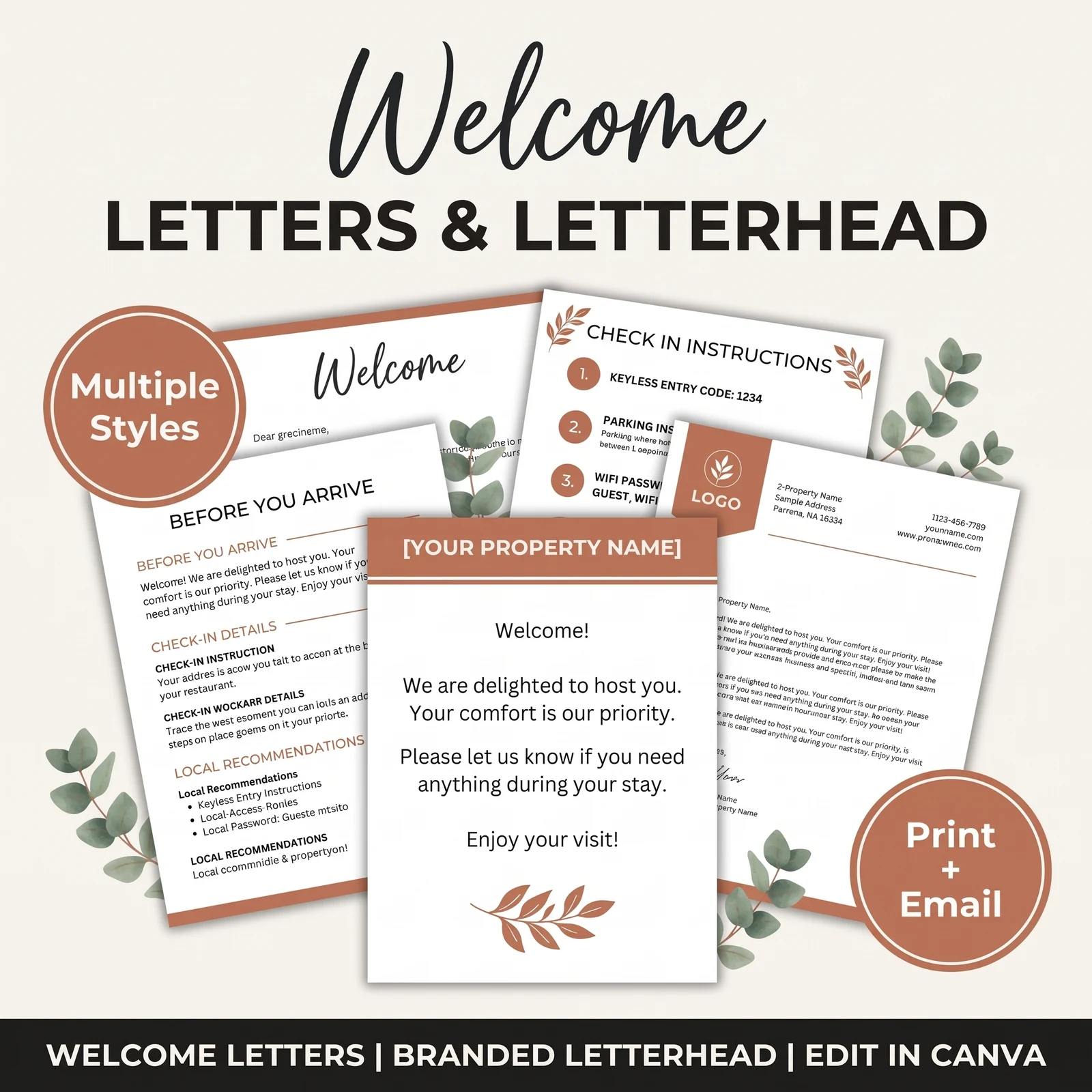 Airbnb welcome letters and letterhead: welcome letter, before-you-arrive letter and check-in instructions sheet, for print and email